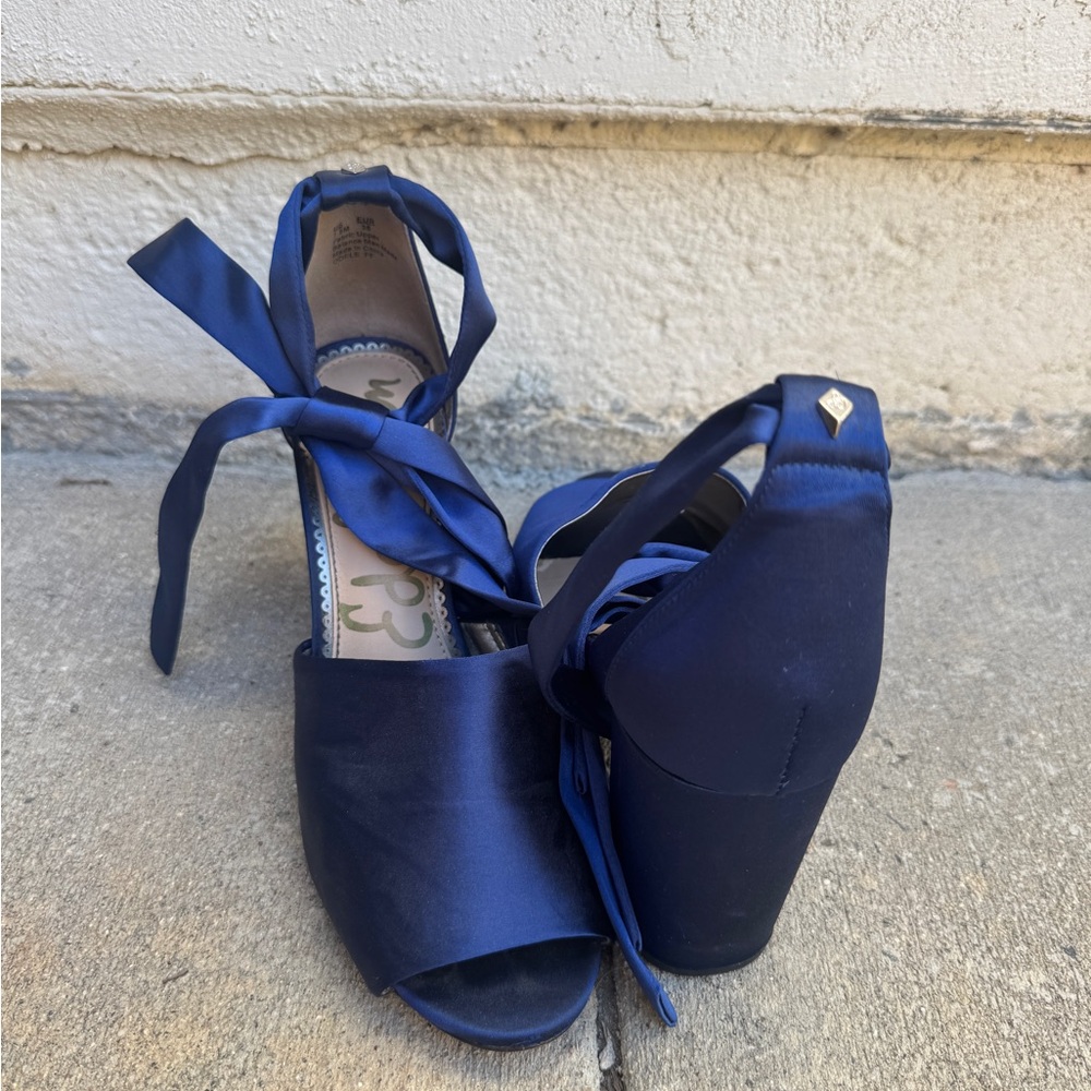 Sam Edelman Navy Satin Heels with Ankle Ties